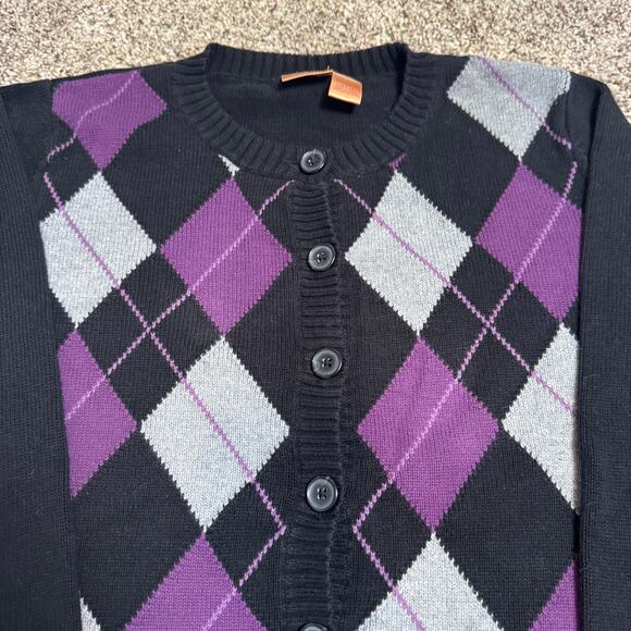 Y2K Vintage Argyle Cardigan NorthCrest L Purple Black Cotton GUC Preppy Academia - Picture 3 of 8